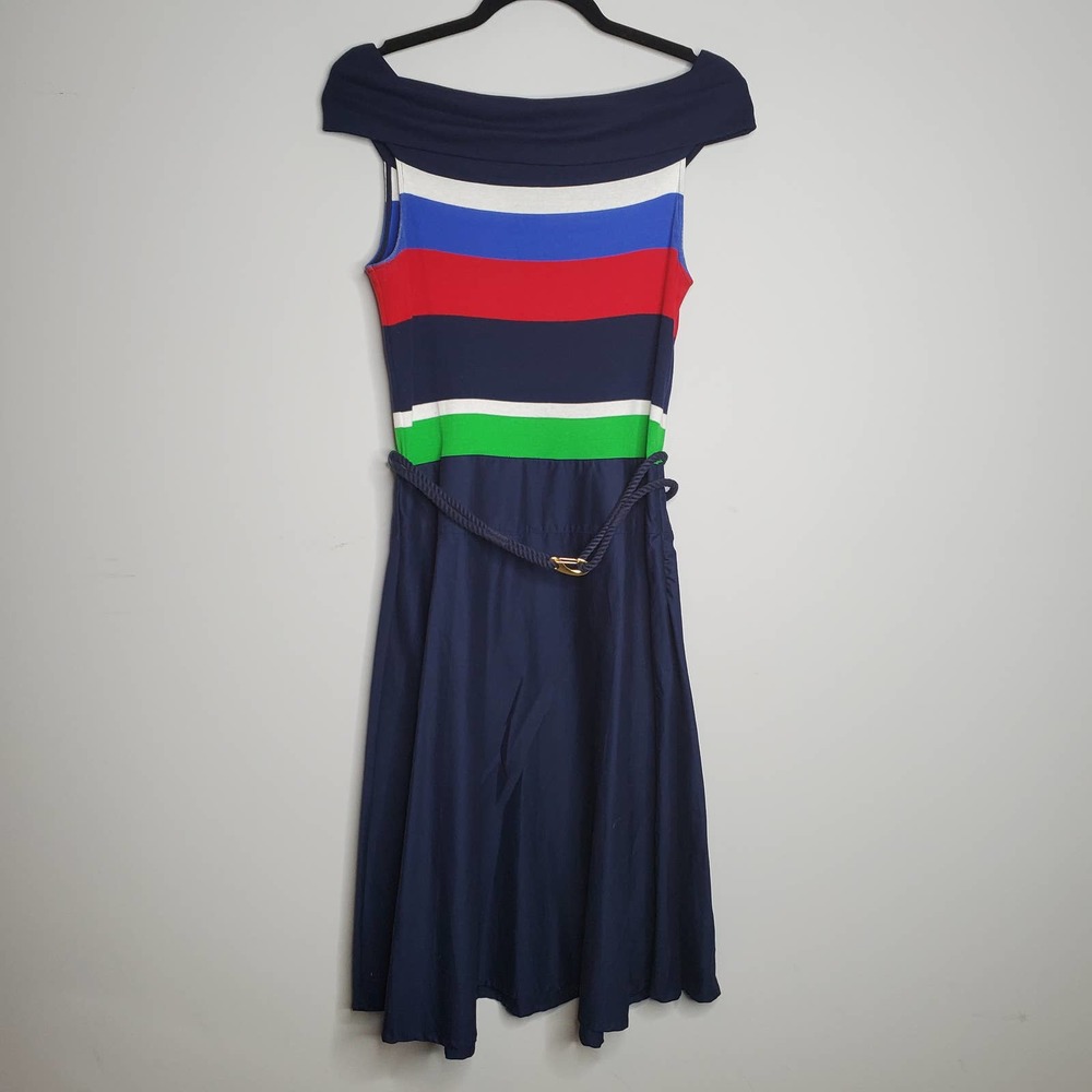 LAUREN RALPH LAUREN Navy Blue Off Shoulder Belted 100% Cotton Dress Sz Small S